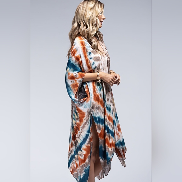 Vibrant Tie Dye Teal & Multi Color Kimono - Silky & Lightweight Material - Picture 3 of 5